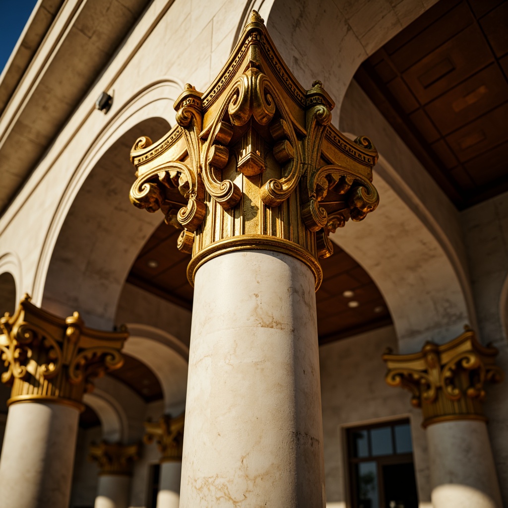 Prompt: Ornate column, golden accents, intricate carvings, curved lines, ornamental capitals, fluted shafts, Corinthian-inspired details, lavish decorations, marble or stone materials, grandiose architectural style, dramatic lighting effects, warm beige and cream colors, subtle shadows, high-contrast textures, 1/2 composition, low-angle view, atmospheric perspective.