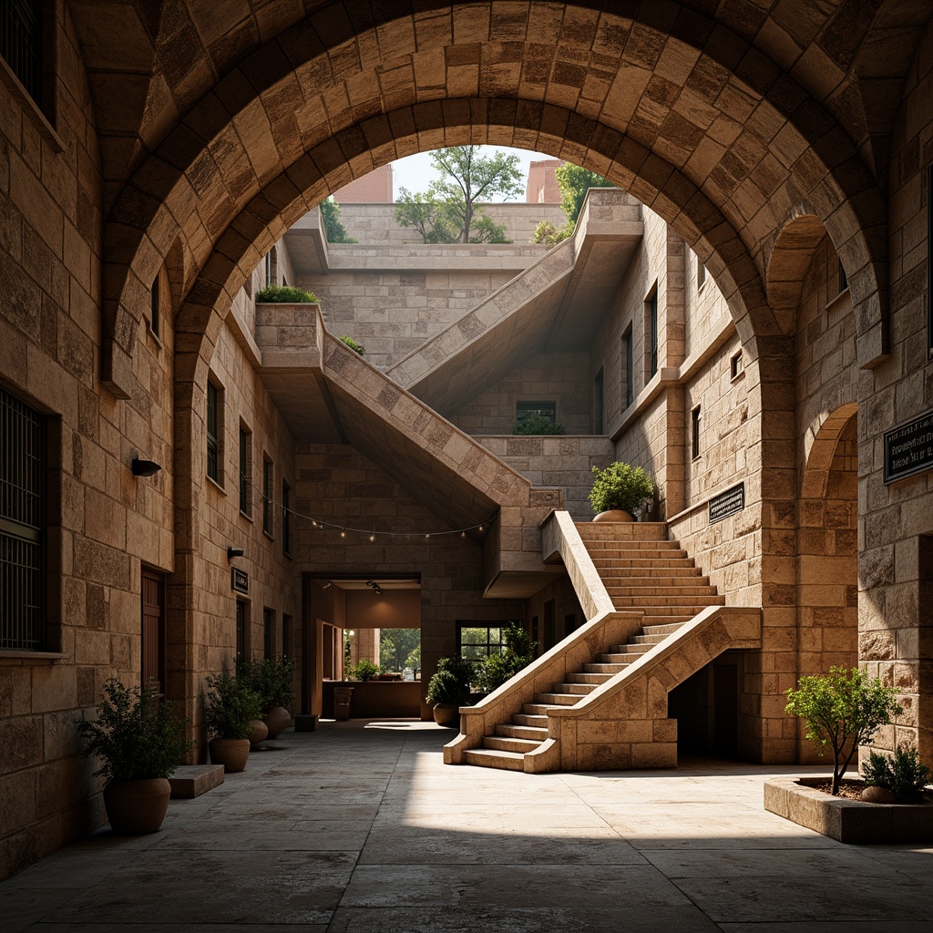 Prompt: Romanesque metro station, robust stone walls, arches and vaults, rusticated masonry, ornate carvings, grand entrance halls, sweeping staircases, richly textured stonework, warm earthy tones, atmospheric lighting, dramatic shadows, 1/2 composition, low-angle shot, realistic stone textures, ambient occlusion, historic architectural details.