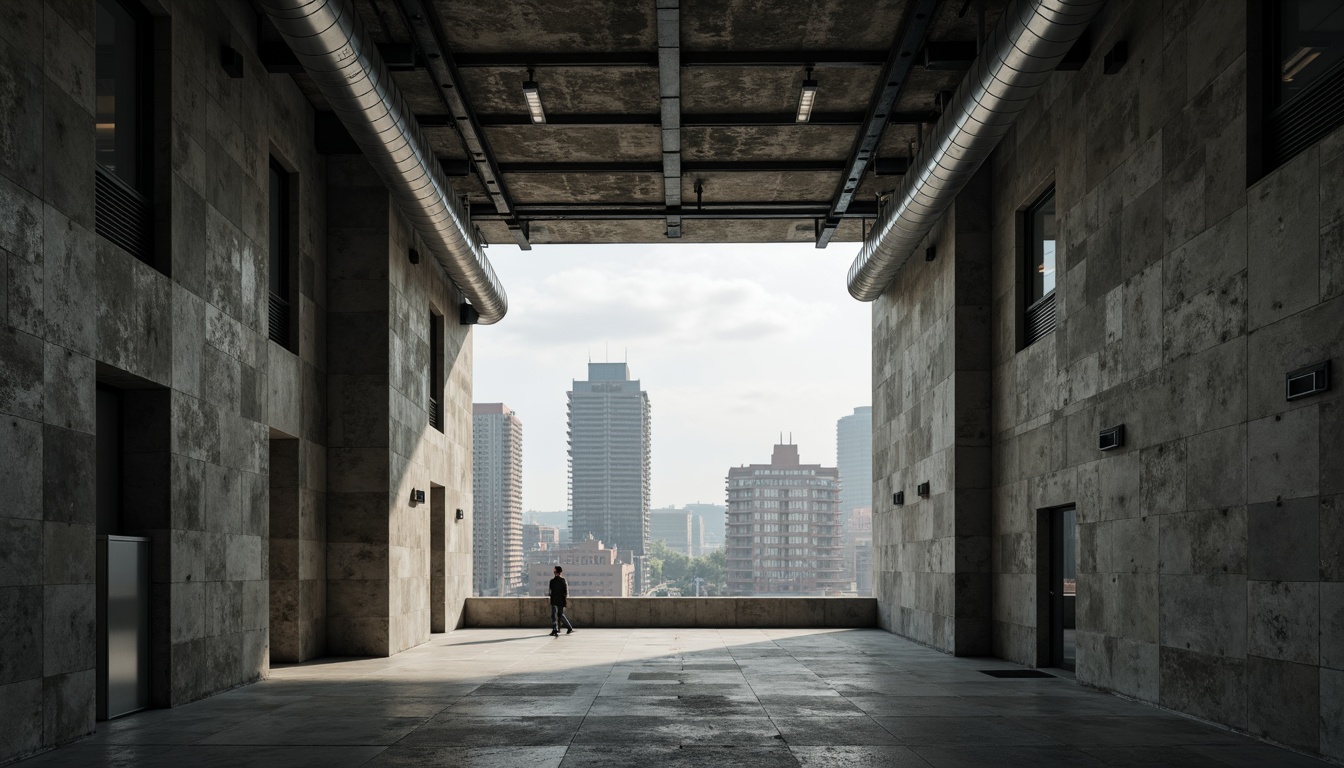 Prompt: Brutalist concrete architecture, rugged textured walls, industrial metal beams, exposed ductwork, functional pipes, minimalist ornamentation, raw unfinished surfaces, monumental scale, dramatic natural lighting, high-contrast shadows, abstract geometric forms, monochromatic color palette, urban cityscape, overcast skies, moody atmospheric conditions, cinematic wide-angle shots, symmetrical composition, deep depth of field.