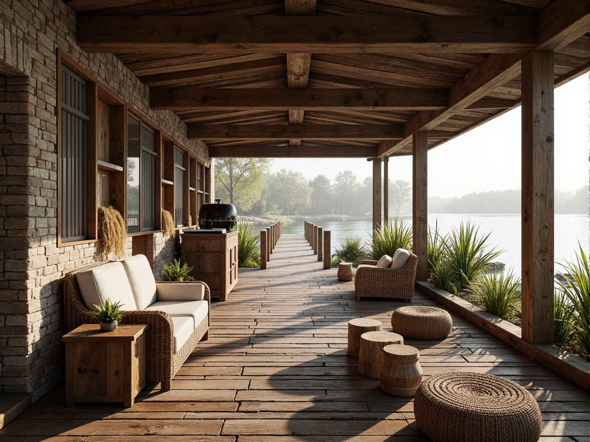 Prompt: Waterfront boathouse, rustic wooden dock, weathered wooden planks, nautical ropes, aquatic plants, serene lake views, soft misty morning light, warm natural wood tones, rough-hewn stone walls, corrugated metal roofing, wooden accents, reclaimed wood furniture, woven wicker textiles, earthy color palette, cozy interior ambiance, functional storage solutions, sustainable eco-friendly materials, minimalist industrial design, subtle nautical details, panoramic views of surrounding landscape.