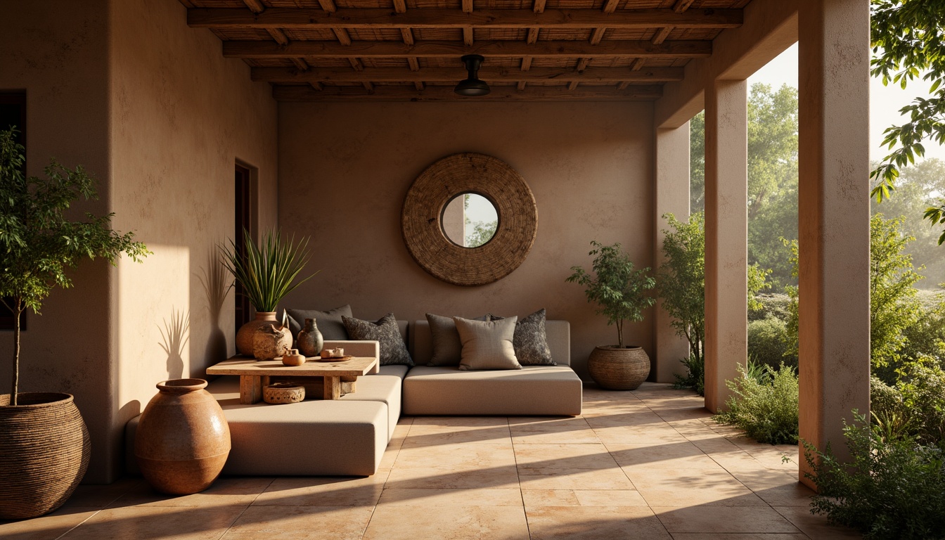 Prompt: Earth-toned mud walls, organic texture, natural imperfections, rustic charm, earthenware pottery, woven bamboo accents, distressed wooden furniture, ambient warm lighting, shallow depth of field, 1/2 composition, soft focus, realistic earthy tones, subtle color palette, serene atmosphere, botanical elements, overgrown vegetation, misty morning, soft gentle haze.