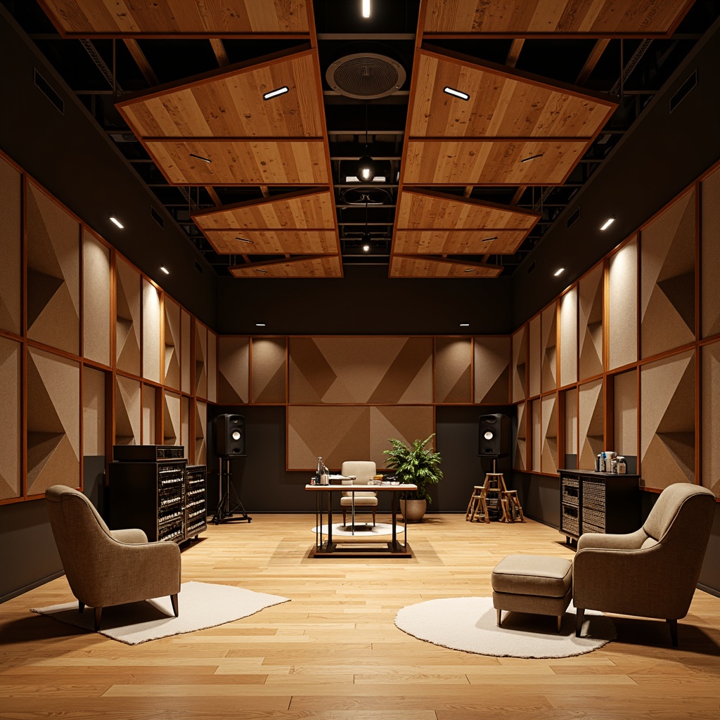 Prompt: Soundproofed recording studio, wooden acoustic panels, triangular diffusers, fabric-wrapped bass traps, metallic sound reflectors, professional audio equipment, high-ceilinged room, dimmable LED lights, comfortable seating areas, minimal reverberation time, precise sound wave manipulation, 3D audio spatialization, clear frequency response, optimal speaker placement, symmetrical room layout, real-time sound analysis software, precise EQ adjustments, warm and intimate ambiance, shallow depth of field, 2/3 composition, softbox lighting.