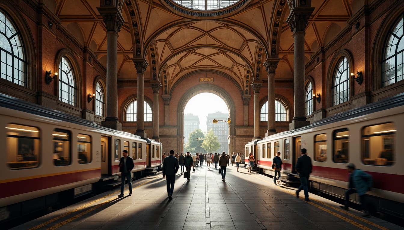 Prompt: Grand metro station, Romanesque archways, ornate columns, intricate stone carvings, vaulted ceilings, rustic brick walls, classic European-inspired architecture, bustling city atmosphere, morning rush hour, soft warm lighting, shallow depth of field, 3/4 composition, panoramic view, realistic textures, ambient occlusion, urban landscape, busy streets, modern transportation systems, sleek trains, commuter crowds, metropolitan vibe.