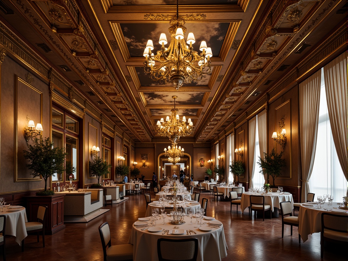 Prompt: Grandiose dining hall, ornate chandeliers, gilded moldings, intricate wood carvings, lavish furnishings, velvet drapes, crystal glasses, fine china, luxurious fabrics, golden accents, marble floors, high ceilings, dramatic lighting, warm color palette, rich textures, 1/1 composition, shallow depth of field, soft focus, ornate mirrors, decorative frescoes, classical music ambiance.