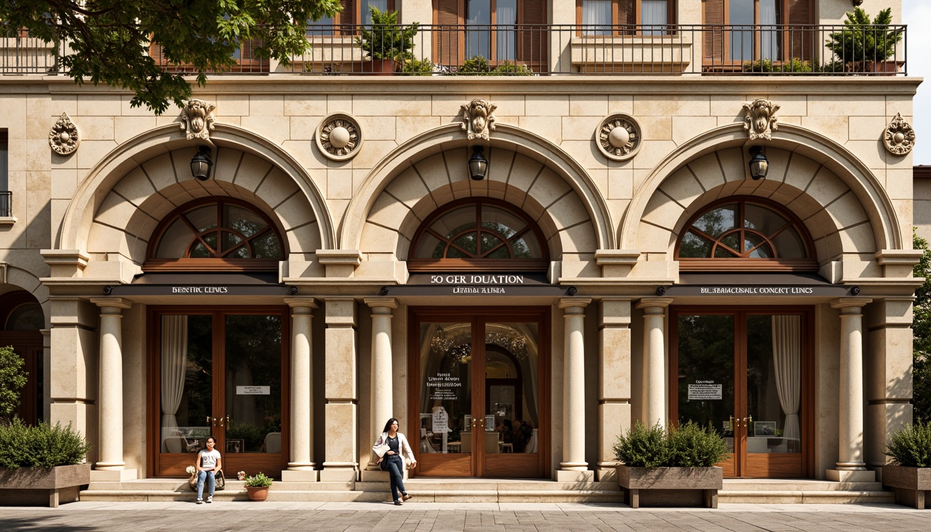 Prompt: Ornate dental clinic facade, Renaissance-style columns, carved stone arches, decorative cornices, intricately designed windows, wooden shutters, warm beige stonework, rusticated quoins, ornamental metalwork, grand entrance doors, polished bronze hardware, inviting awnings, soft warm lighting, shallow depth of field, 1/2 composition, realistic textures, ambient occlusion.