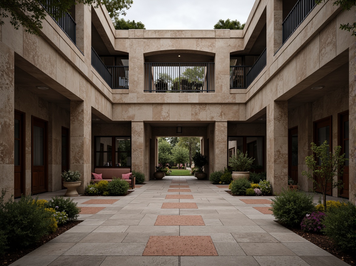 Prompt: Rustic university building, constructivist architecture, bold geometric shapes, brutalist concrete walls, industrial metal accents, symmetrical composition, grand entrance gates, ornate stone carvings, vintage clock towers, rich wood paneling, earthy color palette, natural stone flooring, ambient soft lighting, shallow depth of field, 1/2 composition, realistic textures, ambient occlusion.