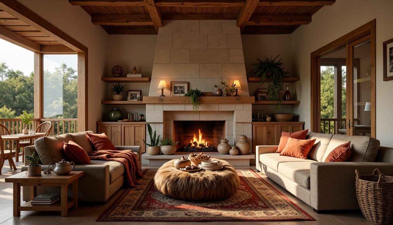 Prompt: Cozy living room, plush throw blankets, soft velvet pillows, rustic wooden furniture, warm beige walls, natural stone fireplace, crackling flames, ambient warm lighting, comfortable seating area, richly patterned rugs, luxurious faux fur, woven baskets, earthy tone ceramics, organic shapes, 1/1 composition, shallow depth of field, warm golden hour, inviting atmosphere.