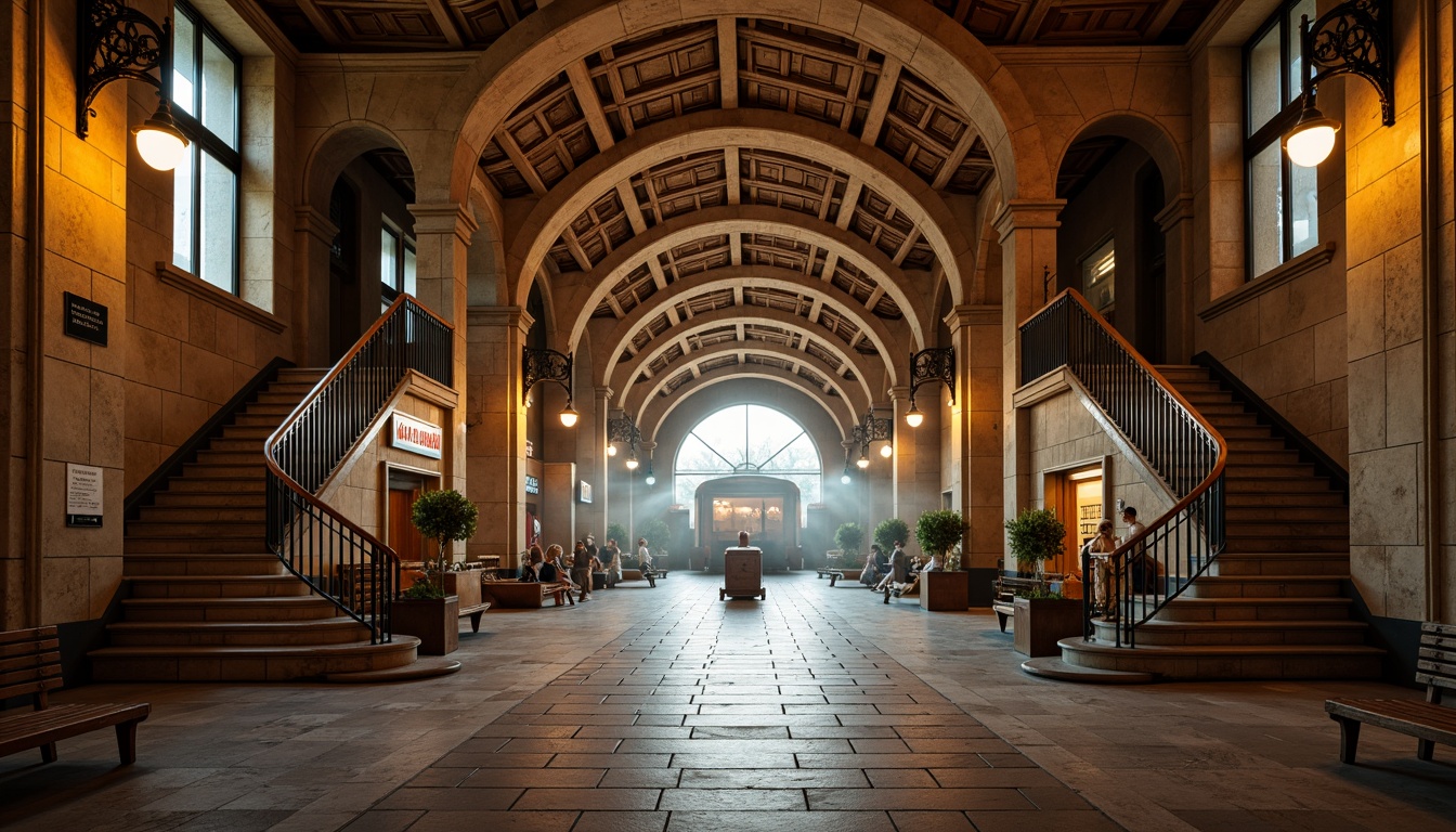 Prompt: Rustic metro station, vaulted ceilings, arches, stone columns, intricate carvings, ornate details, warm earthy tones, natural stone walls, brick facades, grand staircases, decorative railings, industrial lighting fixtures, atmospheric misting, shallow depth of field, 1/2 composition, symmetrical view, realistic textures, ambient occlusion.