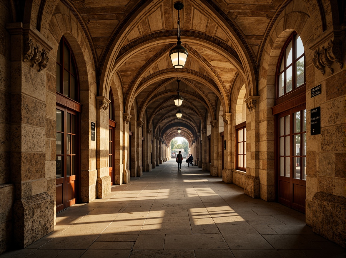 Prompt: Romanesque-style metro station, grand archways, ornate stonework, rugged masonry walls, vaulted ceilings, medieval-inspired architecture, rustic stone columns, intricate carvings, warm golden lighting, shallow depth of field, 1/1 composition, symmetrical framing, realistic textures, ambient occlusion, urban underground setting, bustling city atmosphere.