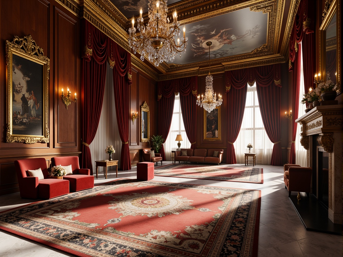 Prompt: Luxurious velvet fabrics, intricately carved wooden paneling, ornate gilded frames, richly patterned rugs, lavish crystal chandeliers, dramatic curtain draping, opulent marble floors, grandiose fresco ceilings, warm golden lighting, subtle shading, 1/1 composition, symmetrical arrangement, highly detailed textures, realistic material reflections.