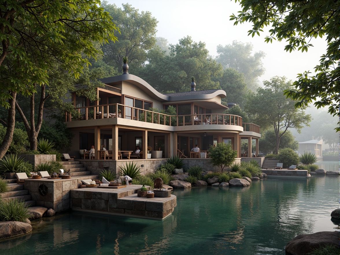 Prompt: Rustic boathouse, eclectic architecture, waterfront location, lush greenery, overhanging trees, weathered wood accents, natural stone walls, curved lines, irregular shapes, nautical decorations, vintage boats, sailing-inspired ornaments, warm earthy tones, soft ambient lighting, misty morning atmosphere, shallow depth of field, 2/3 composition, realistic textures, detailed reflections.