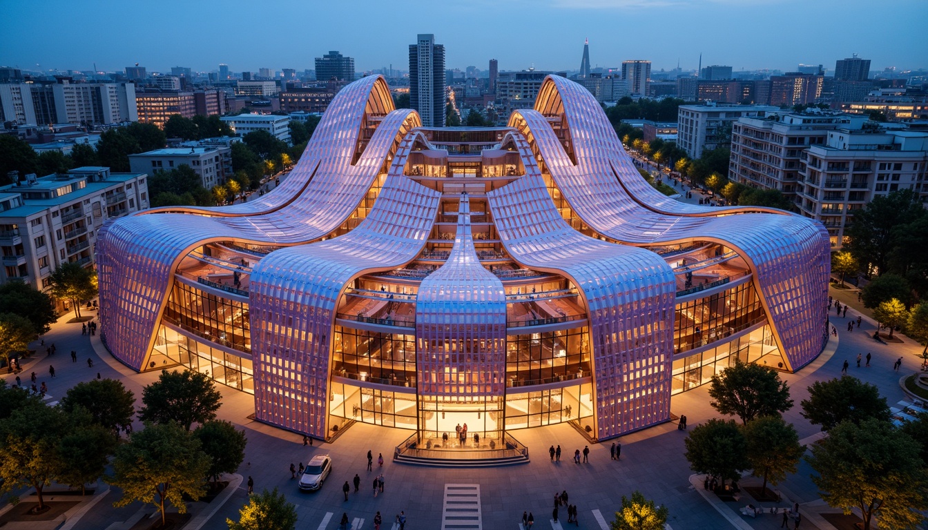 Prompt: Vibrant opera house facade, undulating curves, biomimetic patterns, iridescent colors, translucent canopies, kinetic architecture, adaptive shading systems, parametric design, futuristic materials, glowing LED lights, dynamic light shows, urban cityscape, bustling streets, evening atmosphere, warm golden lighting, shallow depth of field, 1/1 composition, symmetrical view, high-contrast textures, ambient occlusion.