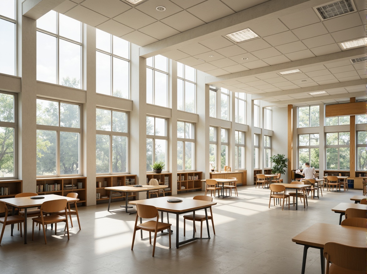 Prompt: Spacious classrooms, floor-to-ceiling windows, clerestory windows, natural light pouring in, bright and airy atmosphere, minimal obstructions, open floor plans, collaborative learning spaces, flexible seating arrangements, wooden furniture, earthy tones, pastel colors, gentle color palette, soft indirect lighting, ambient occlusion, shallow depth of field, 3/4 composition, panoramic view, realistic textures.