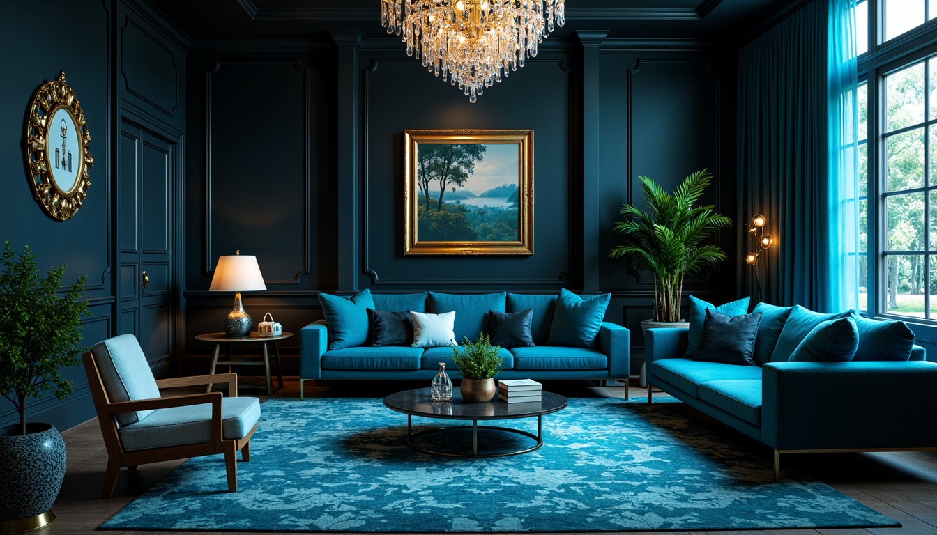 Prompt: Luxurious sapphire-inspired interior, rich blue tones, velvety dark blues, iridescent turquoise accents, subtle silver undertones, metallic sheen, sophisticated modern furniture, sleek low-profile sofas, polished chrome legs, opulent velvet upholstery, ornate gold decorative frames, lavish crystal chandeliers, dramatic floor-to-ceiling curtains, softbox lighting, cinematic shading, 1/2 composition, shallow depth of field.