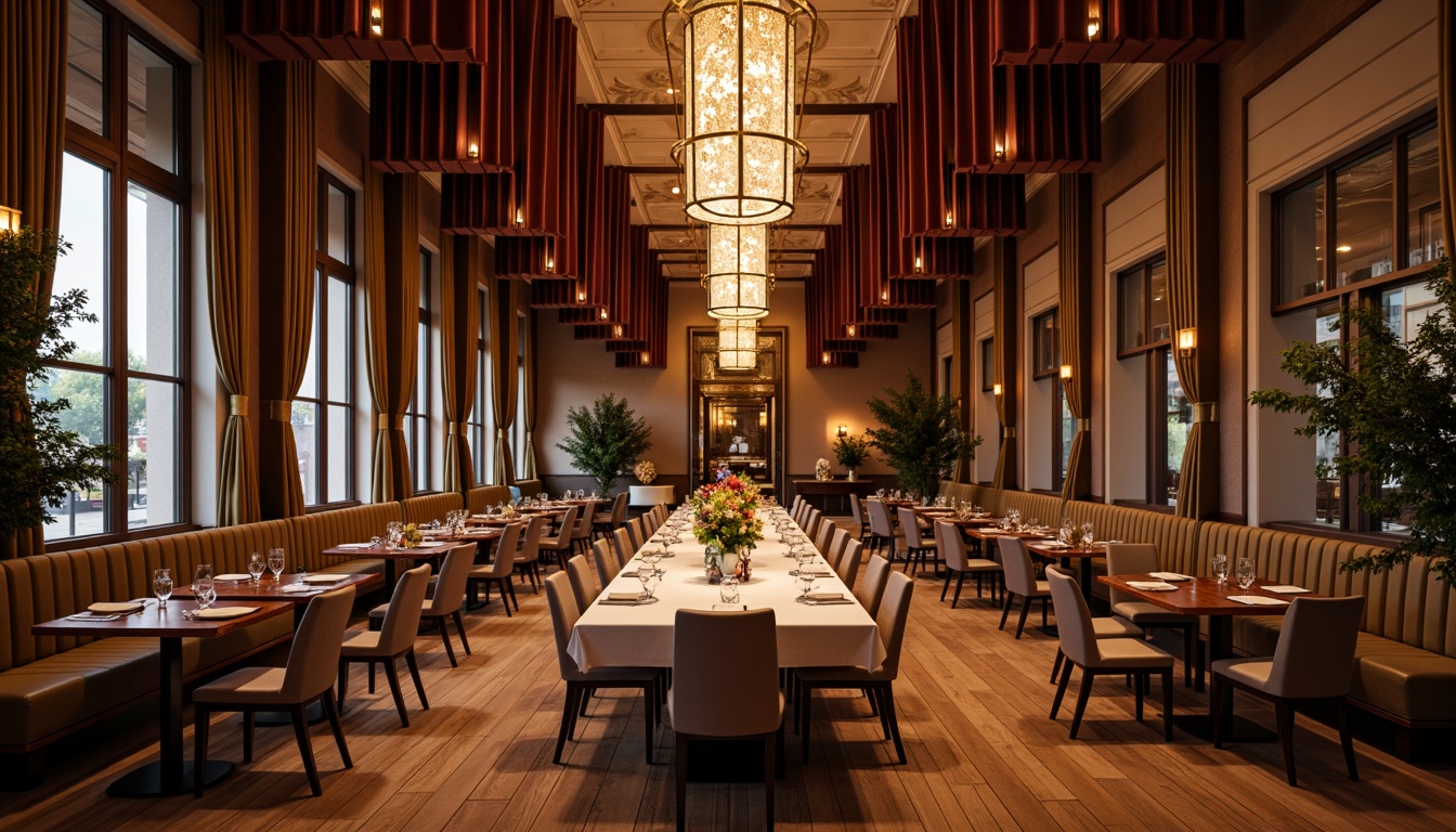 Prompt: Elegant dining hall, rich wood flooring, ornate chandeliers, luxurious velvet drapes, refined marble tables, comfortable plush chairs, sophisticated gold accents, lavish flower arrangements, warm candlelight, inviting aromas, soft background music, 1/1 composition, shallow depth of field, warm color palette, realistic reflections, ambient occlusion.