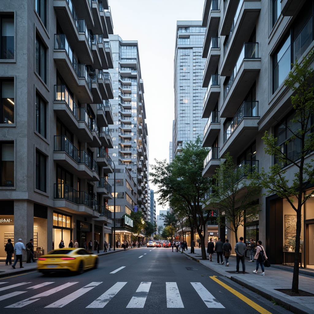 Prompt: Clean lines, minimalist aesthetic, rectangular forms, cantilevered balconies, floor-to-ceiling windows, sliding glass doors, steel frames, concrete structures, brutalist elements, industrial materials, urban cityscape, busy streets, modern skyscrapers, sleek metropolitan vibe, soft evening lighting, shallow depth of field, 2/3 composition, realistic textures, ambient occlusion.