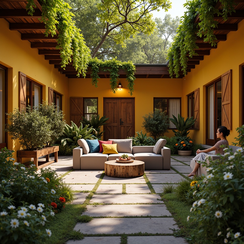 Prompt: Vibrant hostel exterior, warm yellow brick walls, inviting wooden doors, rustic metal accents, cozy courtyard seating, lush greenery, blooming flowers, natural stone pathways, earthy tone furniture, plush textiles, soothing color scheme, calming atmosphere, soft warm lighting, shallow depth of field, 3/4 composition, realistic textures, ambient occlusion.