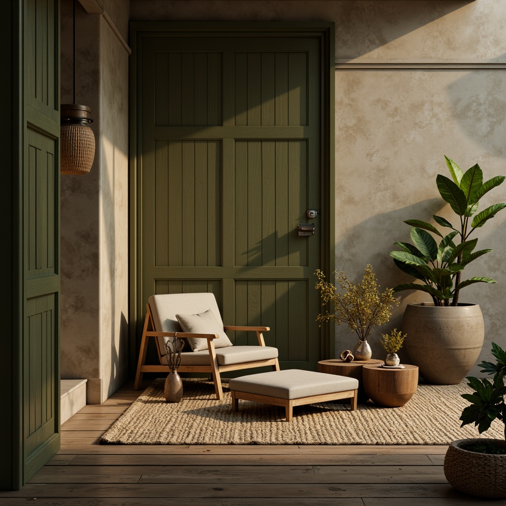 Prompt: Earthy olive tones, muted brown hues, soft sage greens, weathered wooden accents, natural linen textures, rustic metal details, vintage distressed finishes, warm beige backgrounds, subtle golden highlights, moody atmospheric lighting, 1/2 composition, cinematic depth of field, realistic earthy shaders, ambient occlusion.