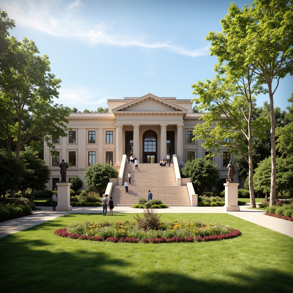 Prompt: Majestic courthouse building, grand staircase, ornate columns, symmetrical facade, lush green lawn, vibrant flower beds, trimmed hedges, walking paths, bronze statues, historical significance, natural stone walls, classic Greek-inspired architecture, sunny day, soft warm lighting, shallow depth of field, 3/4 composition, panoramic view, realistic textures, ambient occlusion.