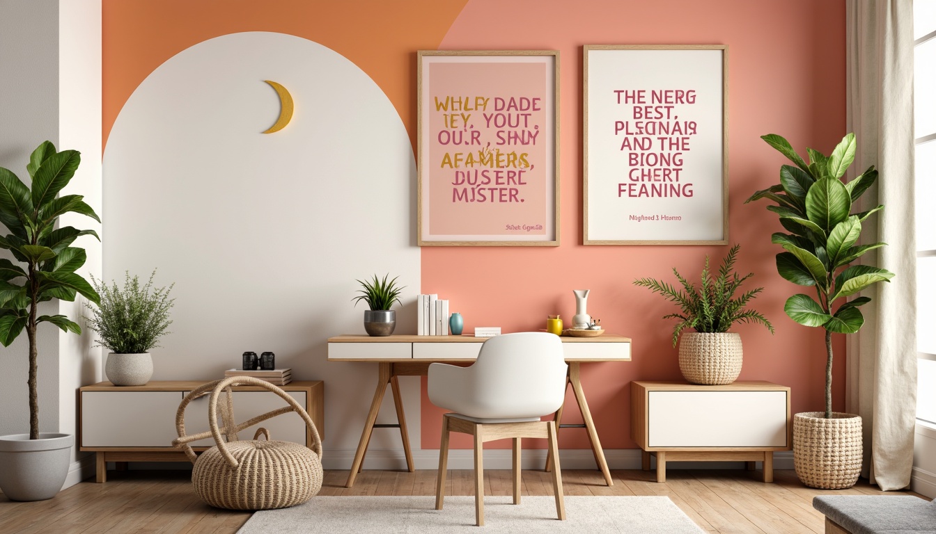 Prompt: Vibrant design studio, modern minimalist desk, ergonomic chair, colorful artwork, inspirational quotes, natural wood accents, sleek metal legs, bold typography, geometric shapes, pastel color scheme, soft peach tones, creamy whites, rich charcoal grays, warm golden lighting, shallow depth of field, 1/1 composition, realistic textures, ambient occlusion.