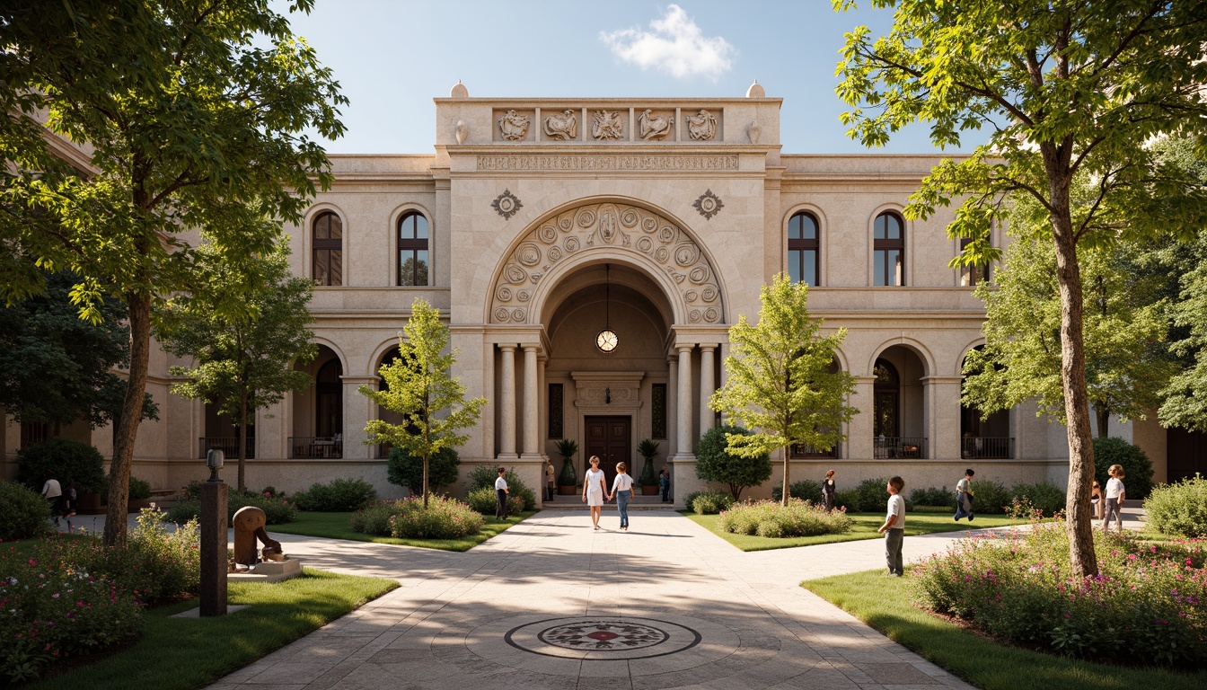 Prompt: Ancient museum facade, Romanesque architecture style, ornate stone carvings, grand entrance archways, lush greenery, blooming flowers, manicured lawns, walking paths, decorative fountains, natural stone pavement, weathered bronze statues, intricate mosaic patterns, warm golden lighting, soft focus, shallow depth of field, 1/2 composition, symmetrical framing, realistic textures, ambient occlusion.