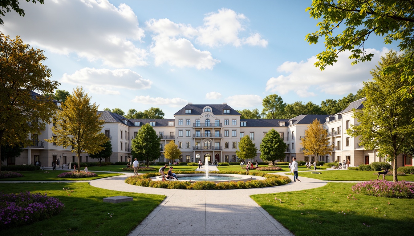 Prompt: Elegant social housing complex, classic European-inspired architecture, ornate facades, symmetrical gardens, manicured lawns, blooming flowerbeds, meandering walkways, ornamental fountains, statues, benches, lamp posts, verdant tree lines, vibrant seasonal colors, warm sunny day, soft natural lighting, shallow depth of field, 1/2 composition, realistic textures, ambient occlusion.