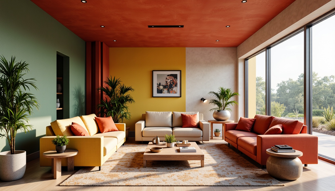 Prompt: Vibrant modern interior, sleek furniture, bold color scheme, contrasting textures, luxurious fabrics, metallic accents, natural light, airy atmosphere, 3/4 composition, soft focus, warm tone, pastel hues, monochromatic colors, analogous palette, triadic harmony, brand identity, emotional connection, visual appeal.