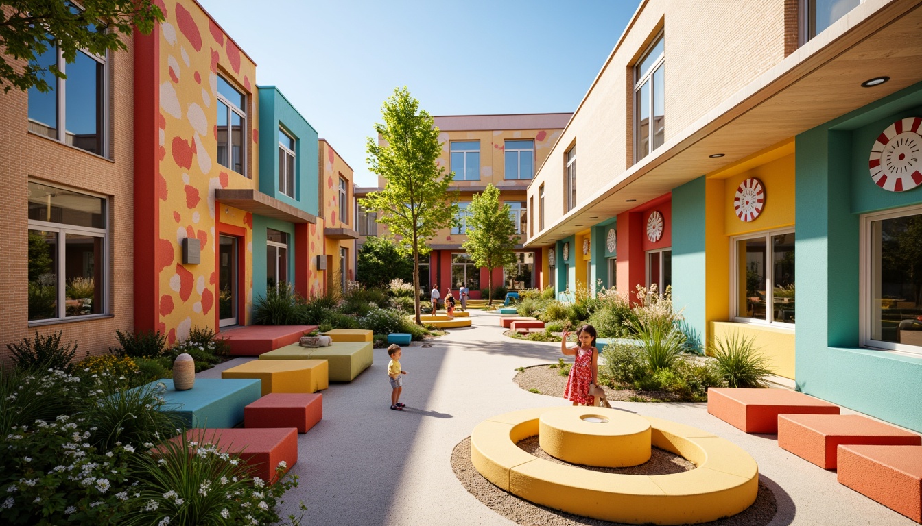 Prompt: Vibrant kindergarten playground, bright color blocks, geometric shape structures, textile-inspired walls, woven fabric patterns, playful polka dots, whimsical stripes, cheerful checkers, educational signage, natural wood accents, minimalist architecture, large windows, transparent glass doors, blooming flowers, sunny day, soft warm lighting, shallow depth of field, 3/4 composition, panoramic view, realistic textures, ambient occlusion.