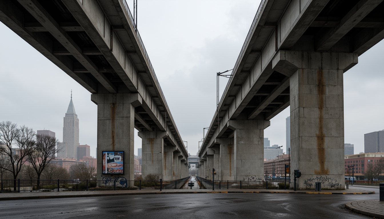 Prompt: Rugged brutalist bridges, industrial aesthetic, weathered steel beams, raw concrete pillars, distressed metal textures, muted earth tones, cold gray skies, atmospheric mist, dramatic lighting, low-key colors, bold structural lines, geometric shapes, urban landscapes, city skylines, modern architecture, functional design, exposed ductwork, minimalist railings, utilitarian vibe, monochromatic color schemes, desaturated hues, worn asphalt roads, pedestrian walkways, cyclone fencing, graffiti walls, neglected landscapes, industrial decay.