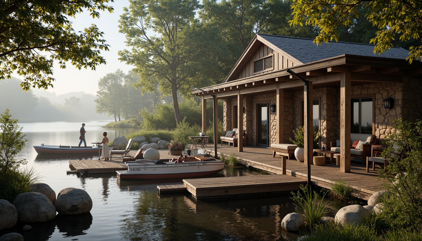 Prompt: Waterfront boathouse, eclectic architecture, rustic wooden docks, vintage nautical decor, lush greenery, overhanging trees, serene lake views, misty morning atmosphere, soft warm lighting, natural stone walls, reclaimed wood accents, ornate metal fixtures, distressed finishes, cozy interior nooks, plush textiles, nautical artifacts, eclectic art pieces, scenic lookout points, panoramic views, shallow depth of field, 3/4 composition, realistic textures, ambient occlusion.