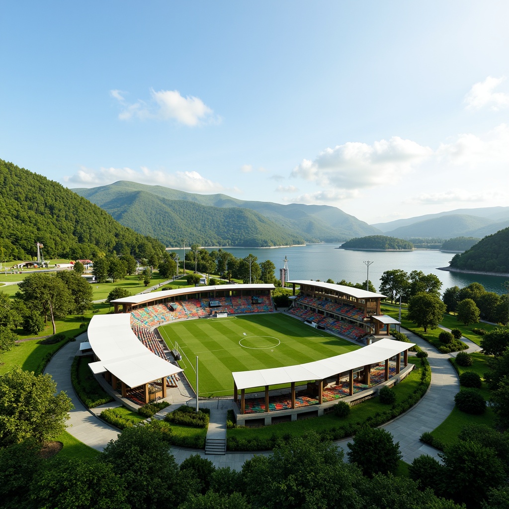 Prompt: Green stadium, lush vegetation, rolling hills, serene lake views, walking trails, outdoor recreational spaces, modern sports architecture, cantilevered roofs, large overhangs, natural stone facades, glass curtain walls, minimalist design, sustainable building materials, solar panels, rainwater harvesting systems, eco-friendly seating areas, vibrant colorful accents, dynamic lighting effects, shallow depth of field, 3/4 composition, panoramic view, realistic textures, ambient occlusion.