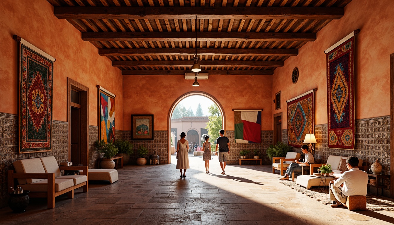 Prompt: Vibrant cultural center, rich ethnic patterns, warm earthy tones, terracotta walls, wooden accents, colorful textile displays, intricate tile work, ornate metal details, grand entrance archways, high ceilings, natural stone floors, ambient warm lighting, soft shadows, 1/1 composition, realistic textures, detailed architectural elements, lively community atmosphere.