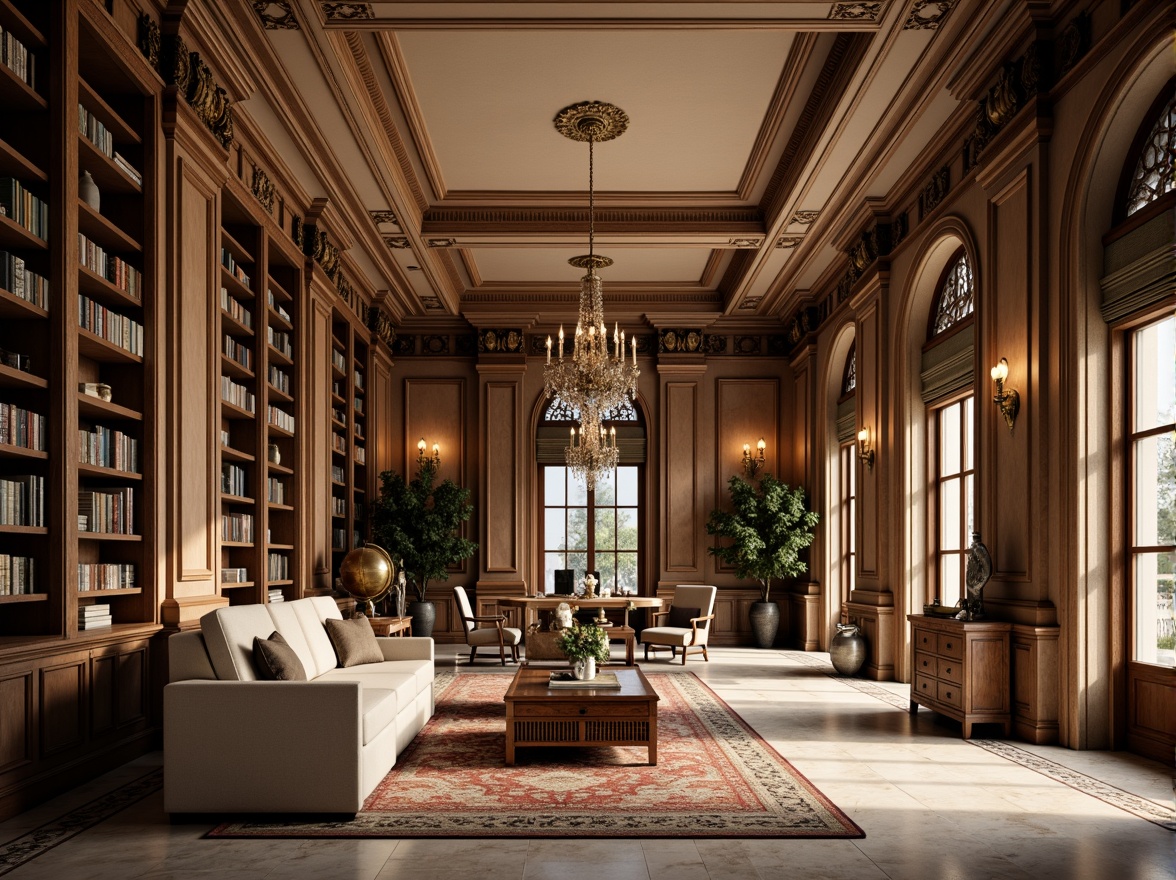 Prompt: Elegant library interior, rich wooden shelves, ornate moldings, grand chandeliers, marble floors, classic columns, archways, soft warm lighting, subtle gradient effects, earthy tones, muted beige, weathered stone, dusty rose, moss green, creamy whites, ornate gold accents, intricate patterns, luxurious fabrics, leather-bound books, vintage globes, refined furniture, harmonious color balance, high contrast ratios, 1/2 composition, cinematic atmosphere, realistic textures.