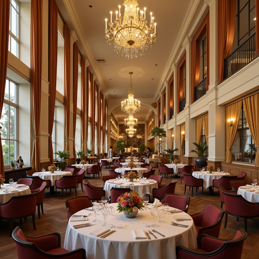 Prompt: Elegant dining hall, luxurious chandeliers, rich wood flooring, cream-colored walls, ornate mirrors, velvet drapes, antique furniture, golden accents, sophisticated centerpieces, lavish flower arrangements, soft warm lighting, shallow depth of field, 1/2 composition, realistic textures, ambient occlusion, spacious layout, comfortable seating, stylish dinnerware, refined table settings.