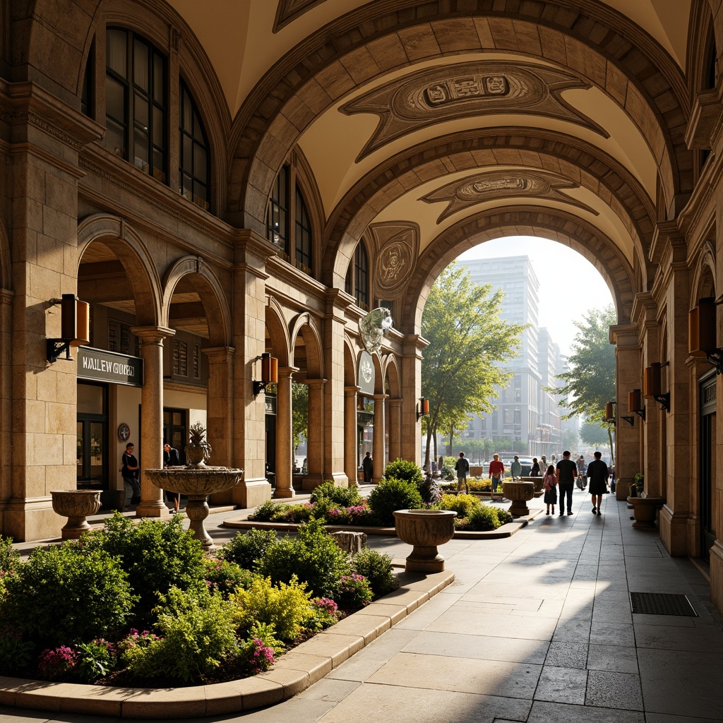 Prompt: \Romanesque metro station, grand archways, ornate columns, intricately carved stonework, lush greenery, vibrant flower beds, natural stone walkways, elegant fountains, rustic bronze lanterns, warm golden lighting, shallow depth of field, 1/1 composition, symmetrical framing, realistic textures, ambient occlusion, urban cityscape, bustling streets, modern transportation hub, pedestrian-friendly pathways, accessible ramps.\