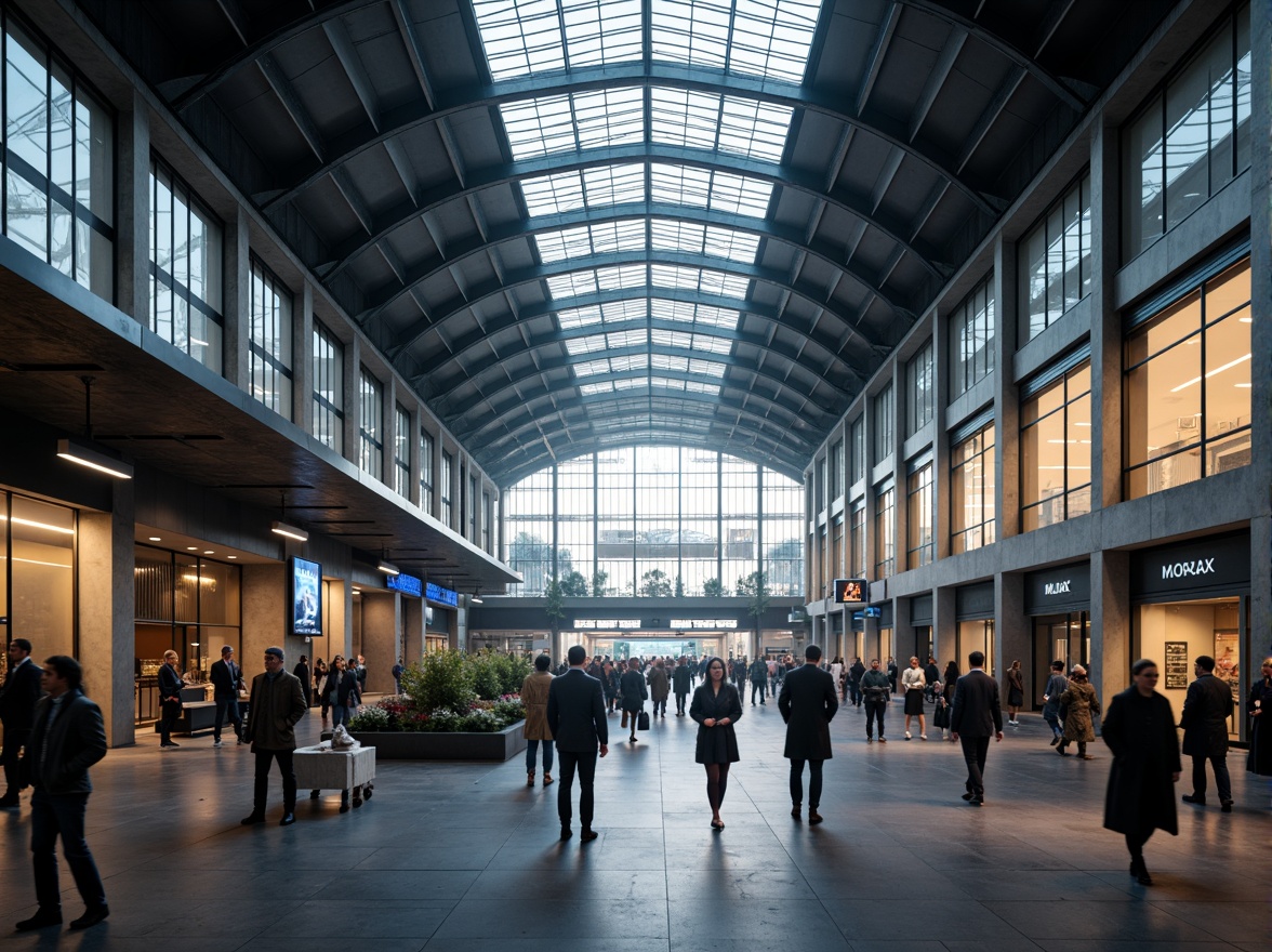 Prompt: Modern international style train station, high ceilings, sleek metal beams, large glass windows, natural light pouring in, LED lighting systems, bright fluorescent lights, warm ambient glow, dynamic spotlights, futuristic lanterns, polished steel fixtures, minimalist design, urban atmosphere, bustling crowds, morning rush hour, soft background noise, shallow depth of field, 1/2 composition, panoramic view, realistic textures, ambient occlusion.