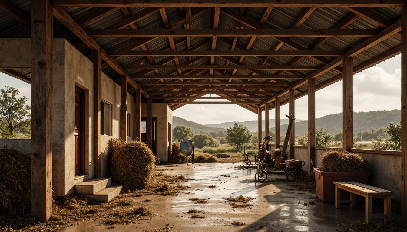 Prompt: Rustic barn, wooden beams, earthy tones, warm beige walls, weathered metal roofs, vintage farming equipment, distressed textures, natural light, soft shadows, atmospheric perspective, 1/1 composition, moody color palette, muted hues, desaturated colors, brown rust accents, faded blue undertones, creamy whites, earthy reds, wooden crates, hay bales, rural landscape, rolling hills, cloudy sky, warm golden lighting.