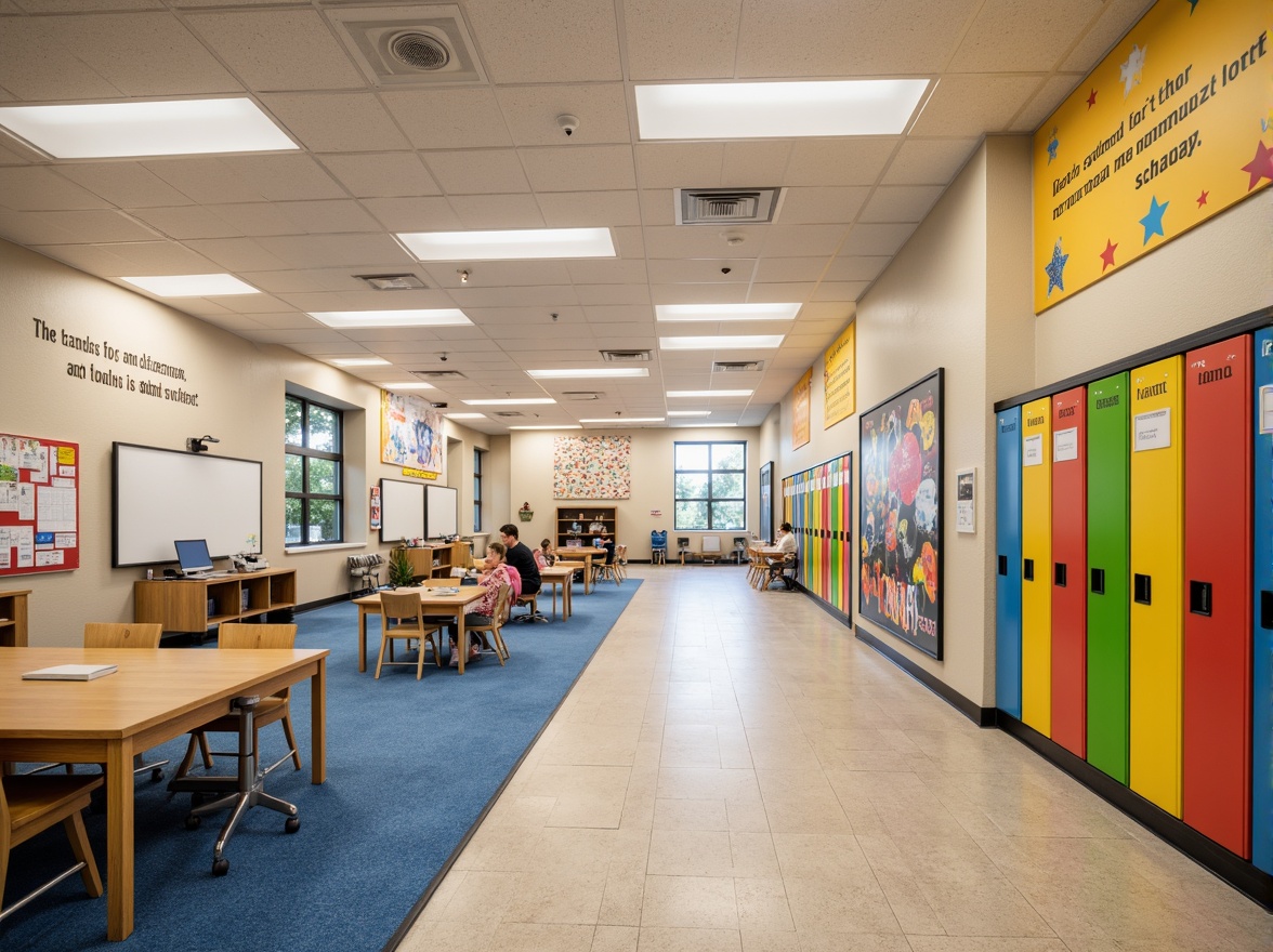 Prompt: Vibrant middle school interior, bright corridors, colorful lockers, wooden classroom furniture, interactive whiteboards, collaborative learning spaces, ergonomic student chairs, natural stone floors, acoustic ceiling tiles, energy-efficient lighting, modern educational signage, flexible seating arrangements, open-concept library, quiet reading nooks, technology-integrated classrooms, inspirational quotes, stimulating artwork, warm beige walls, abundant natural light, shallow depth of field, 1/2 composition, realistic textures, ambient occlusion.