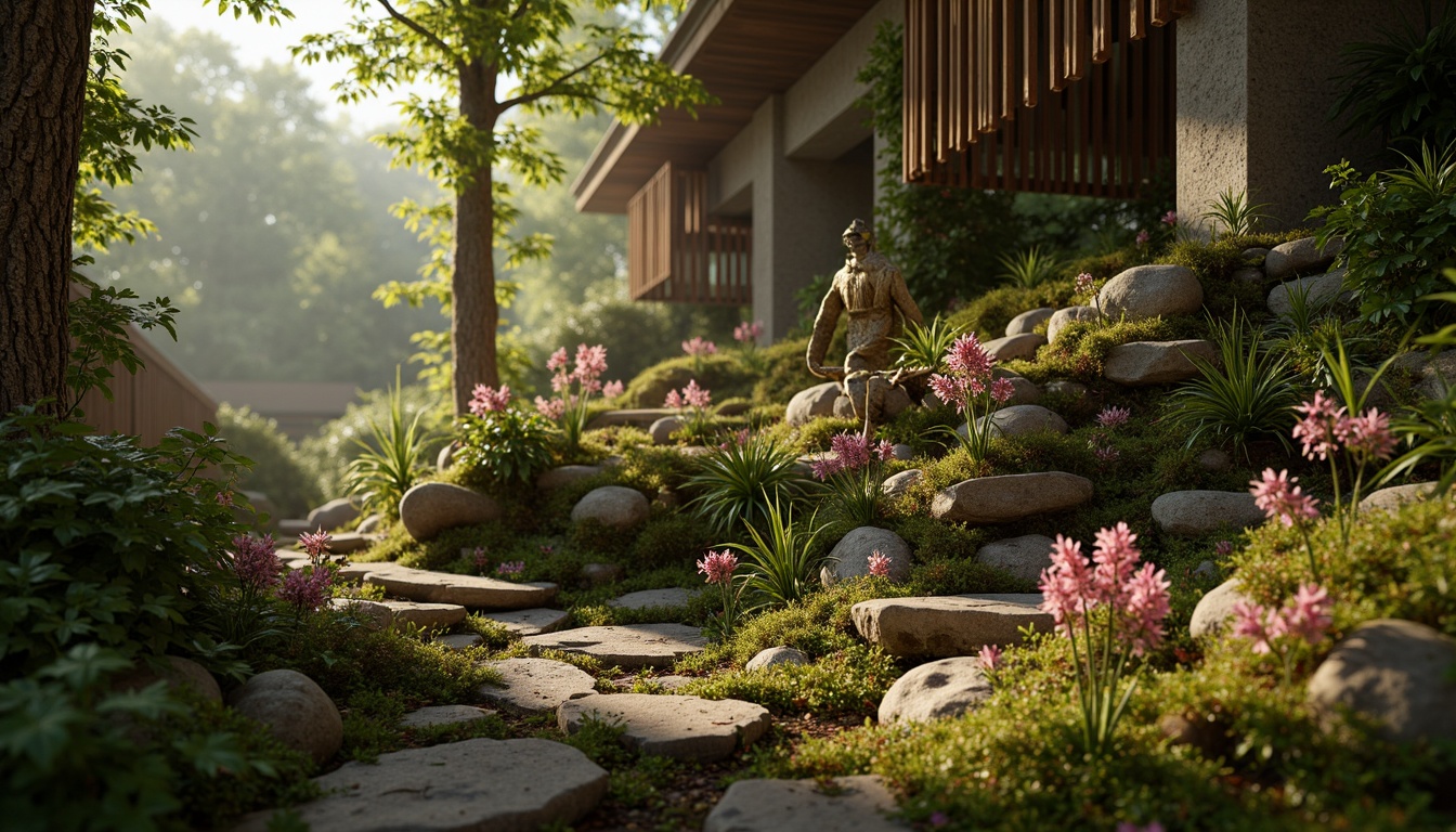 Prompt: Organic natural forms, intricate botanical patterns, earthy color palette, rough stone textures, wooden accents, woven fibers, delicate petal shapes, soft moss surfaces, whimsical forest scenery, misty atmosphere, warm diffused lighting, shallow depth of field, 1/2 composition, realistic renderings, ambient occlusion.