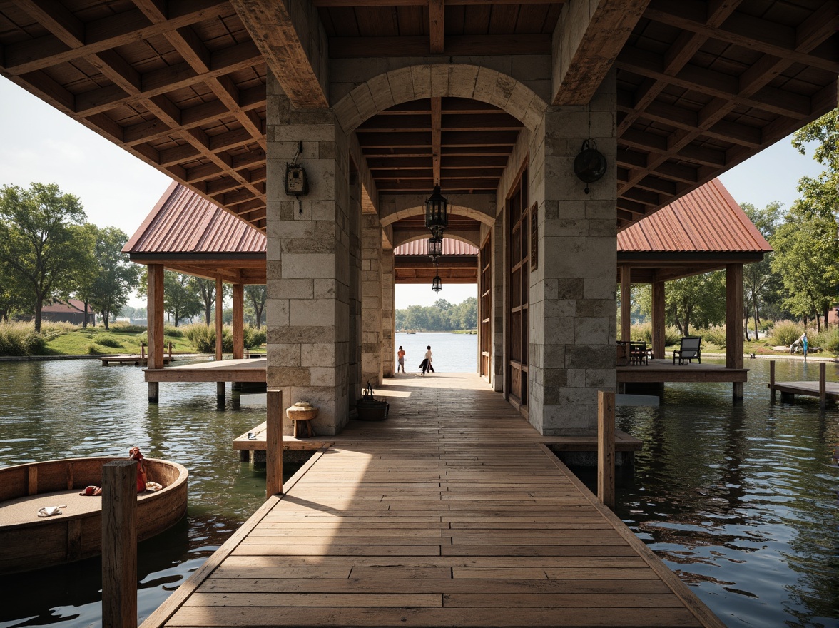 Prompt: Rustic boathouse, wooden dock, serene lake views, natural stone foundations, reclaimed wood accents, weathered metal roofs, earthy color palette, textured concrete walls, wooden beam ceilings, nautical-themed decor, cozy interior ambiance, soft warm lighting, shallow depth of field, 3/4 composition, panoramic view, realistic textures, ambient occlusion.