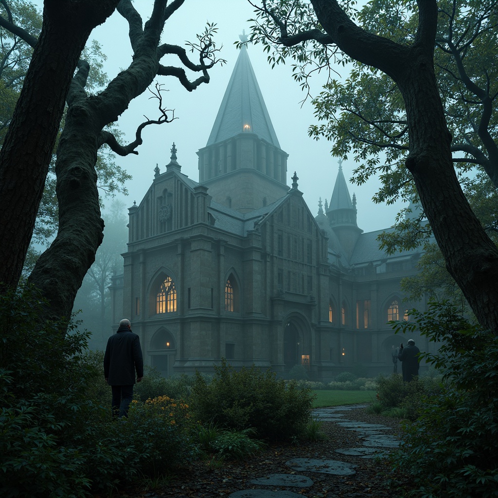 Prompt: Mystical forest, twisted tree branches, eerie fog, medieval castle ruins, grandiose architecture, pointed arches, ribbed vaults, flying buttresses, stained glass windows, intricate stone carvings, ornate metalwork, mystical statues, lantern lighting, misty atmosphere, cinematic depth of field, low-key lighting, dramatic shadows, 2/3 composition, symmetrical framing, atmospheric perspective.