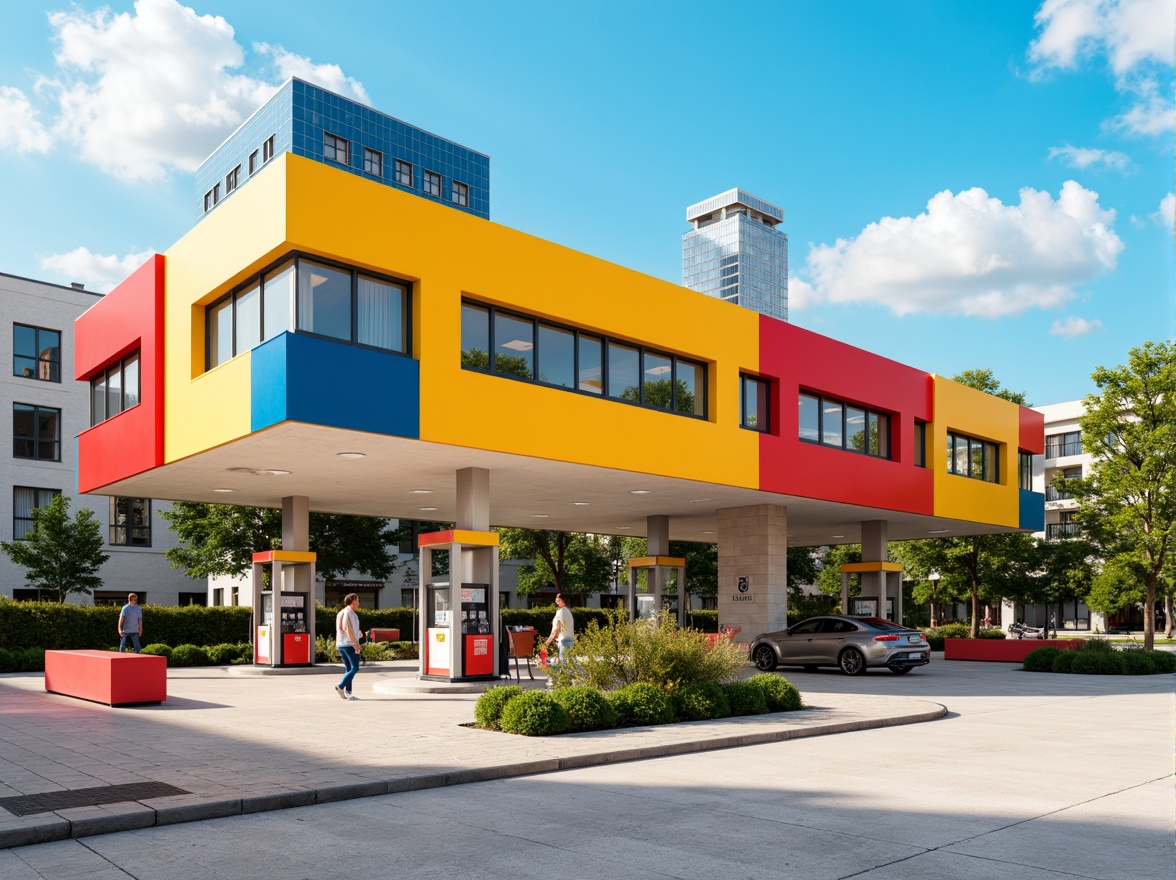 Prompt: Vibrant gas station, geometric shapes, bold color blocks, primary colors, secondary hues, neutral backgrounds, industrial materials, metal canopies, rectangular forms, clean lines, minimal ornamentation, functional design, urban landscape, morning light, high contrast, sharp shadows, 1/1 composition, symmetrical arrangement, abstract patterns, modern typography, sans-serif fonts.