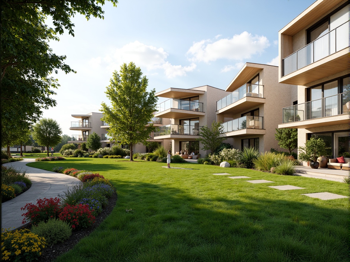 Prompt: Spacious residential area, lush green lawns, vibrant flower beds, meandering pedestrian paths, modern minimalist architecture, large windows, sliding glass doors, open-plan living spaces, high ceilings, natural stone flooring, wooden accents, abundant natural light, soft warm lighting, shallow depth of field, 3/4 composition, panoramic view, realistic textures, ambient occlusion.