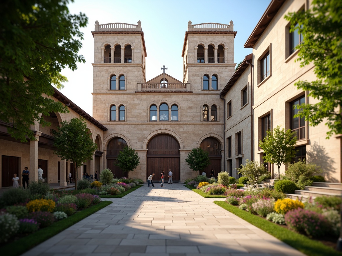 Prompt: Serene monastery courtyard, symmetrical architecture, balanced composition, harmonious proportions, identical twin bell towers, grand entrance gates, intricately carved stone facades, ornate wooden doors, peaceful cloisters, serene gardens, lush greenery, vibrant flowers, natural stone walkways, soft warm lighting, shallow depth of field, 3/4 composition, panoramic view, realistic textures, ambient occlusion.