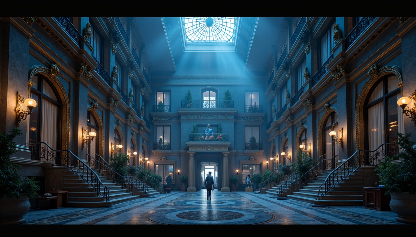 Prompt: Majestic buildings, Prussian blue accents, golden ornaments, intricate stone carvings, grandiose entranceways, ornate columns, lavish foyers, regal staircases, opulent chandeliers, rich velvet drapes, mysterious night scenes, dramatic spotlights, cinematic composition, deep depth of field, 1/2 composition, atmospheric fog, misty ambient lighting.