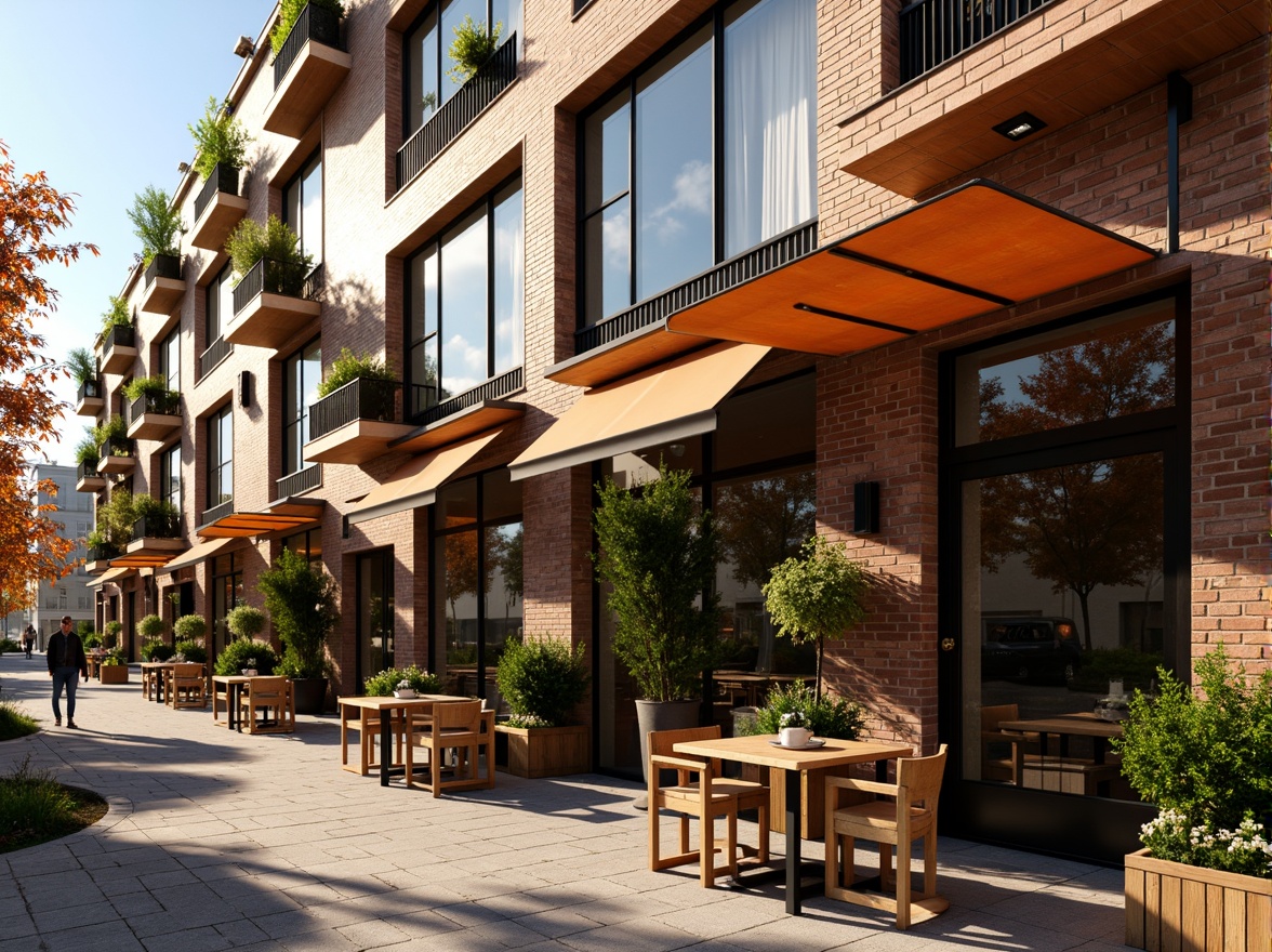 Prompt: Vibrant restaurant facade, social housing architecture, warm earthy tones, brick and mortar walls, large windows, metal awnings, outdoor seating areas, lush greenery, hanging plants, wooden accents, modern minimalist design, urban cityscape, busy street scene, morning sunlight, soft warm lighting, shallow depth of field, 1/1 composition, realistic textures, ambient occlusion.