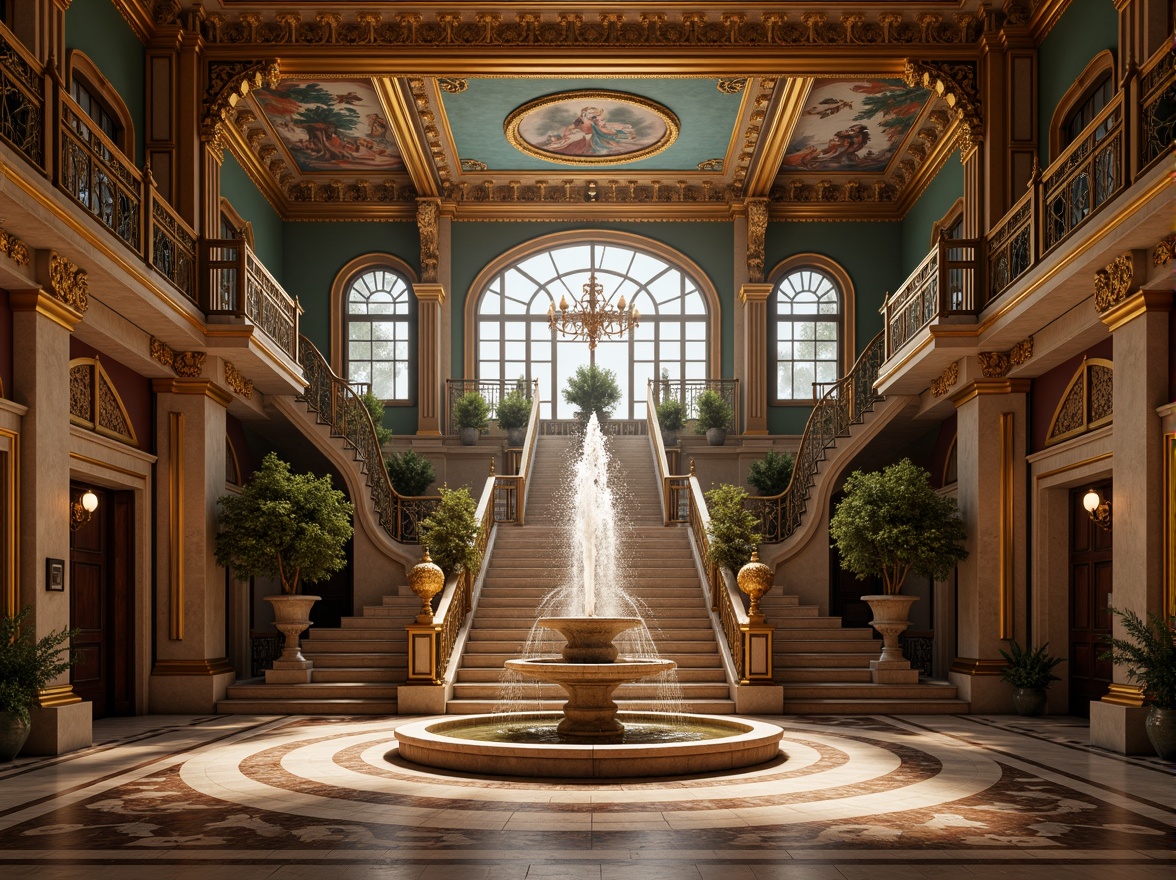 Prompt: Ornate fountain, grand staircase, dramatic lighting, lavish decorations, gilded details, intricately carved stone, ornamental balustrades, sweeping arches, grandiose columns, decorated pilasters, richly textured fabrics, vibrant colorful frescoes, ornate mirrors, golden accents, highly ornamented ceiling, majestic chandeliers, symmetrical composition, 1/1 aspect ratio, soft warm lighting, shallow depth of field, realistic textures.