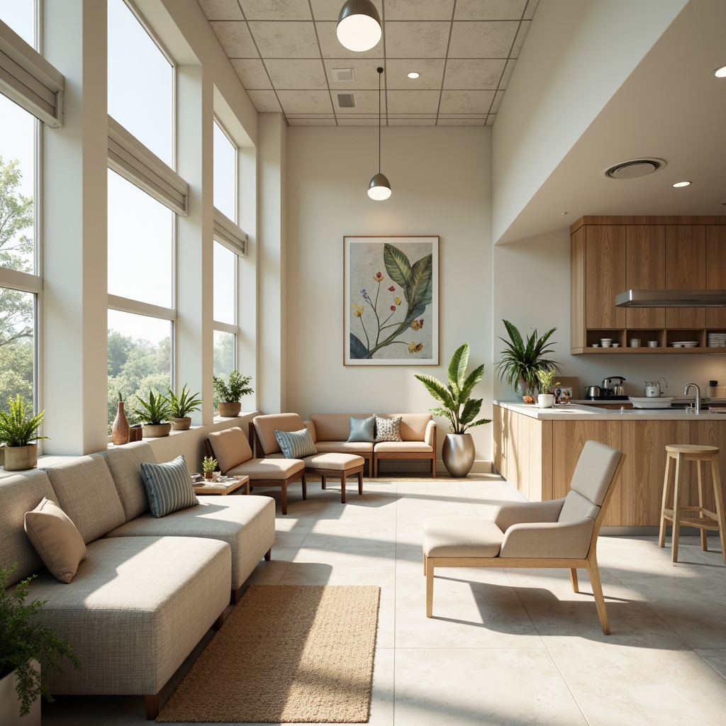 Prompt: Calming dental clinic, soothing pastel colors, creamy whites, gentle blues, warm beiges, earthy tones, natural wood accents, soft indirect lighting, comfortable waiting area, plush furniture, calming artwork, serene atmosphere, shallow depth of field, 1/2 composition, realistic textures, subtle shadows.