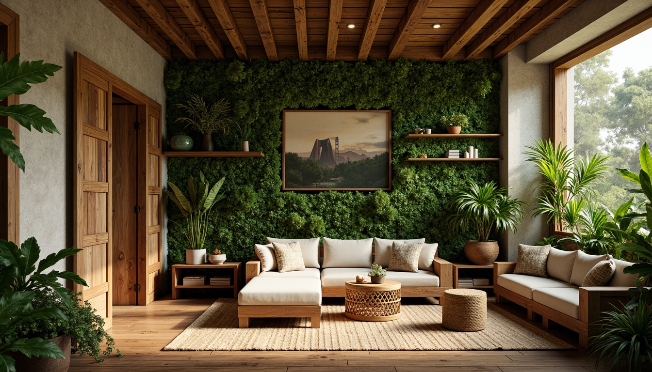 Prompt: Earthy tones, reclaimed wood accents, living green walls, organic shapes, natural stone textures, earthy color palette, bamboo flooring, woven rattan furniture, jute rug, soft warm lighting, rustic wooden beams, earth-inspired patterns, botanical motifs, lush foliage, serene atmosphere, shallow depth of field, 1/1 composition, realistic textures, ambient occlusion.