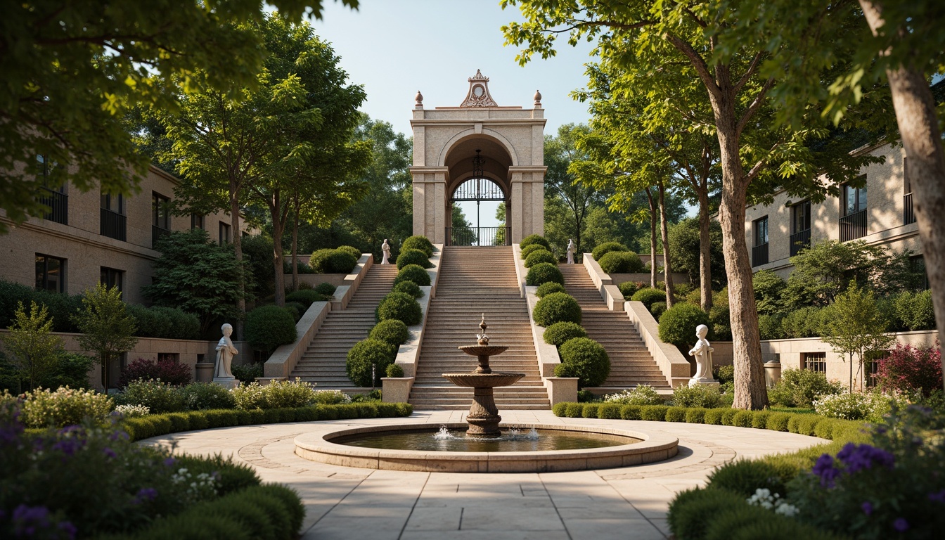 Prompt: Ornate fountain, grand staircase, symmetrical gardens, manicured hedges, vibrant flowerbeds, sculpted shrubs, meandering pathways, rustic stone walls, decorative iron gates, opulent statues, majestic trees, lush greenery, soft warm lighting, shallow depth of field, 3/4 composition, panoramic view, realistic textures, ambient occlusion.